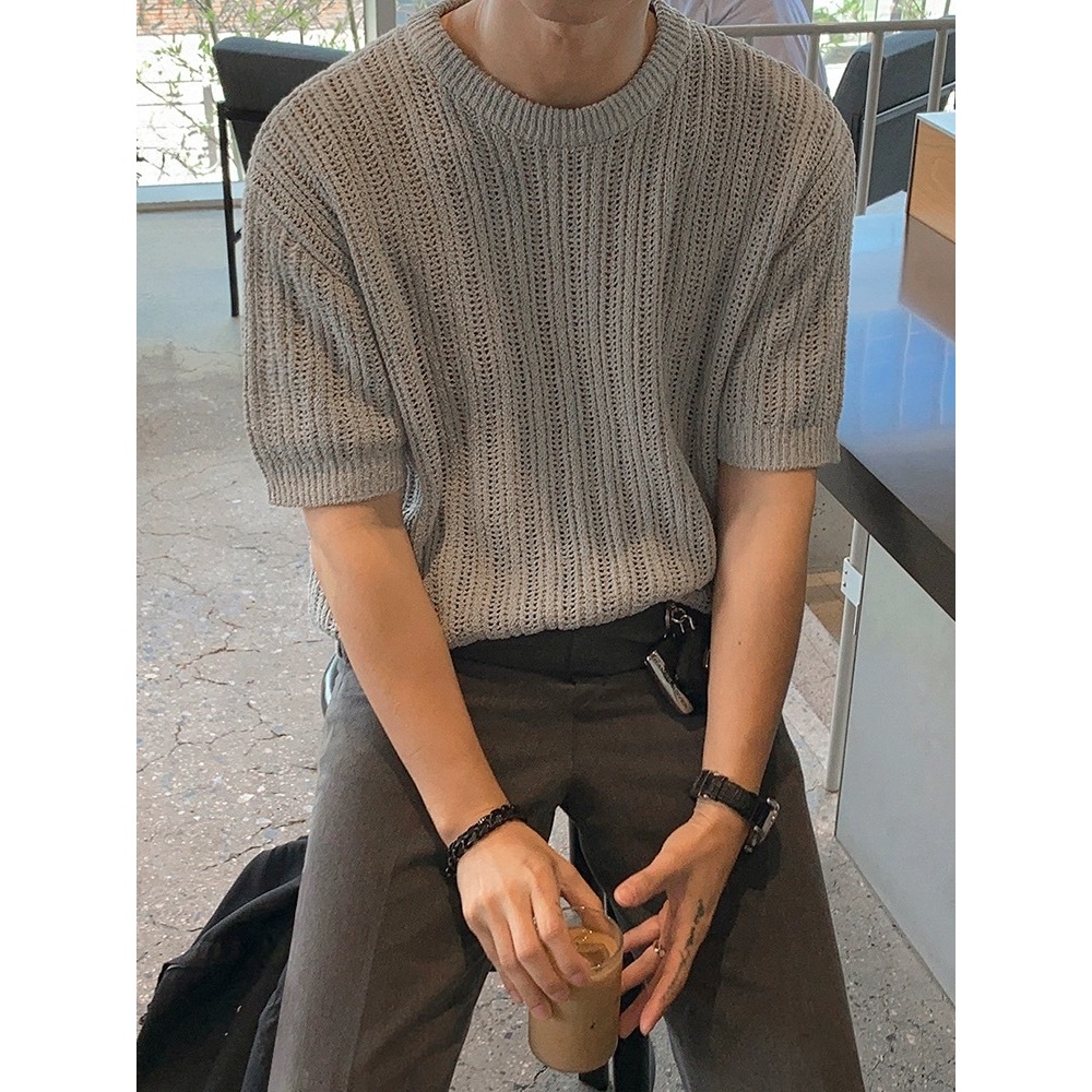 M-2xl Simple Hollow เสื้อไหมพรมเสื้อยืดผู้ชายฤดูร้อนสบาย Breathable Casual ครึ่งแขนผู้ชายเกาหลีรุ่นอินเทรนด์หลวมรอบคอ H