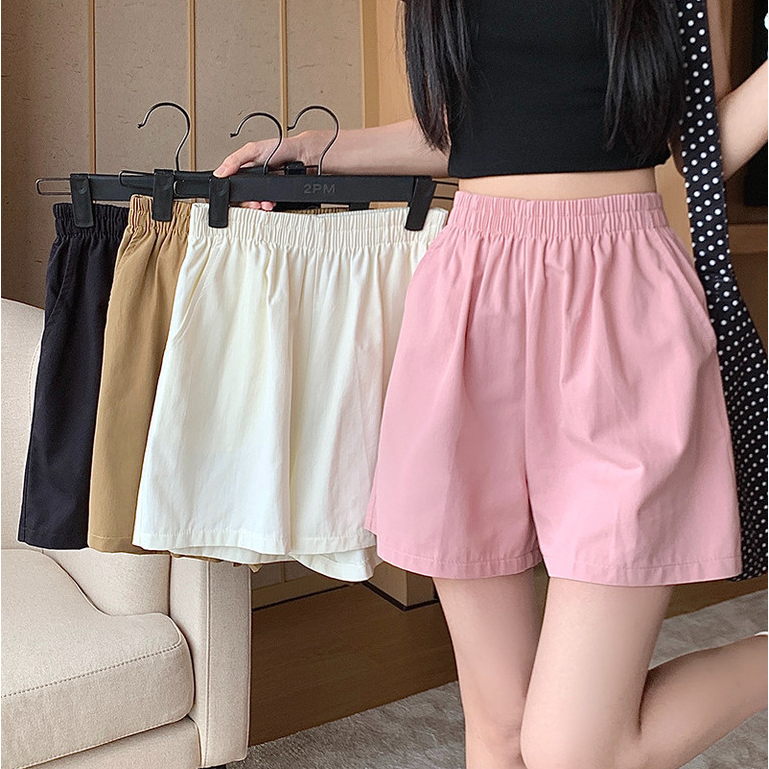 Rommers กางเกงกางเกงขาสั ้ นลําลองเกาหลีกางเกงขากว ้ างหลวม กางเกงเอวยางยืด ขากว้าง กางเกงขาสั้น