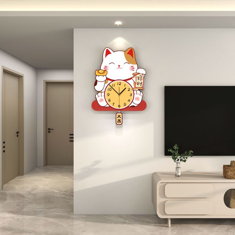 น่ารัก Lucky Cat นาฬิกาแขวนนาฬิกาสร้างสรรค์ความรู้สึกระดับไฮเอนด์แขวนผนังทางเข้าในครัวเรือนตกแต่งพื้นหลังนาฬิกาห้องนั่งเล่น Simple C