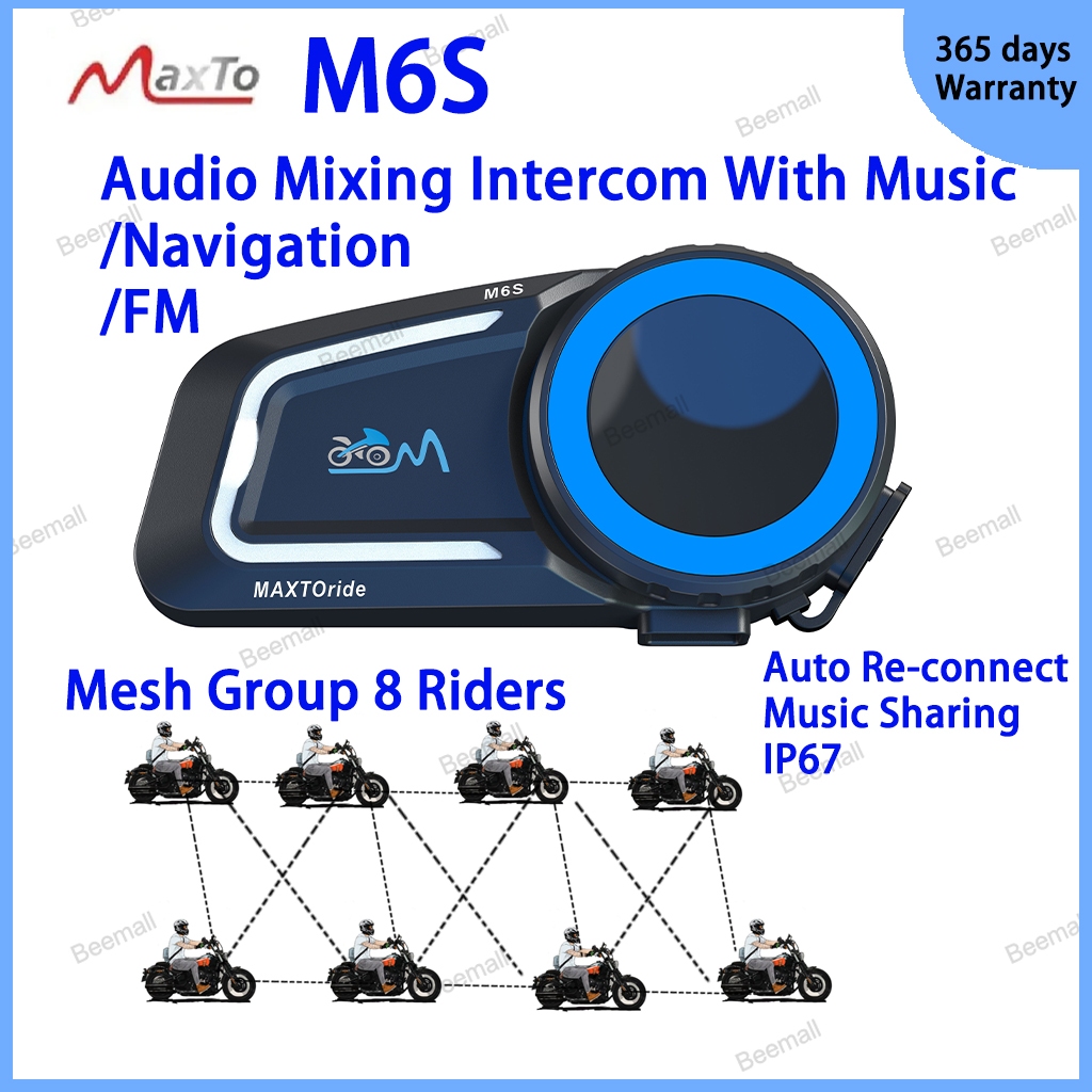Mesh Intercom Maxto M6S Motorcycle Group 8 Riders 1KM เชื่อมต่อใหม่อัตโนมัติ Bluetooth 5.0 Music Sha
