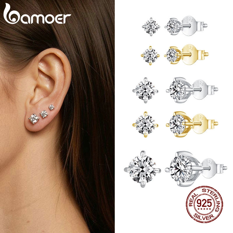 Bamoer 925 เงินสเตอร์ลิง สตั๊ดเงิน ต่างหู โมซาไนต์แบบเรียบง่าย 1 คู่ของขวัญเครื่องประดับสําหรับผู้หญิง