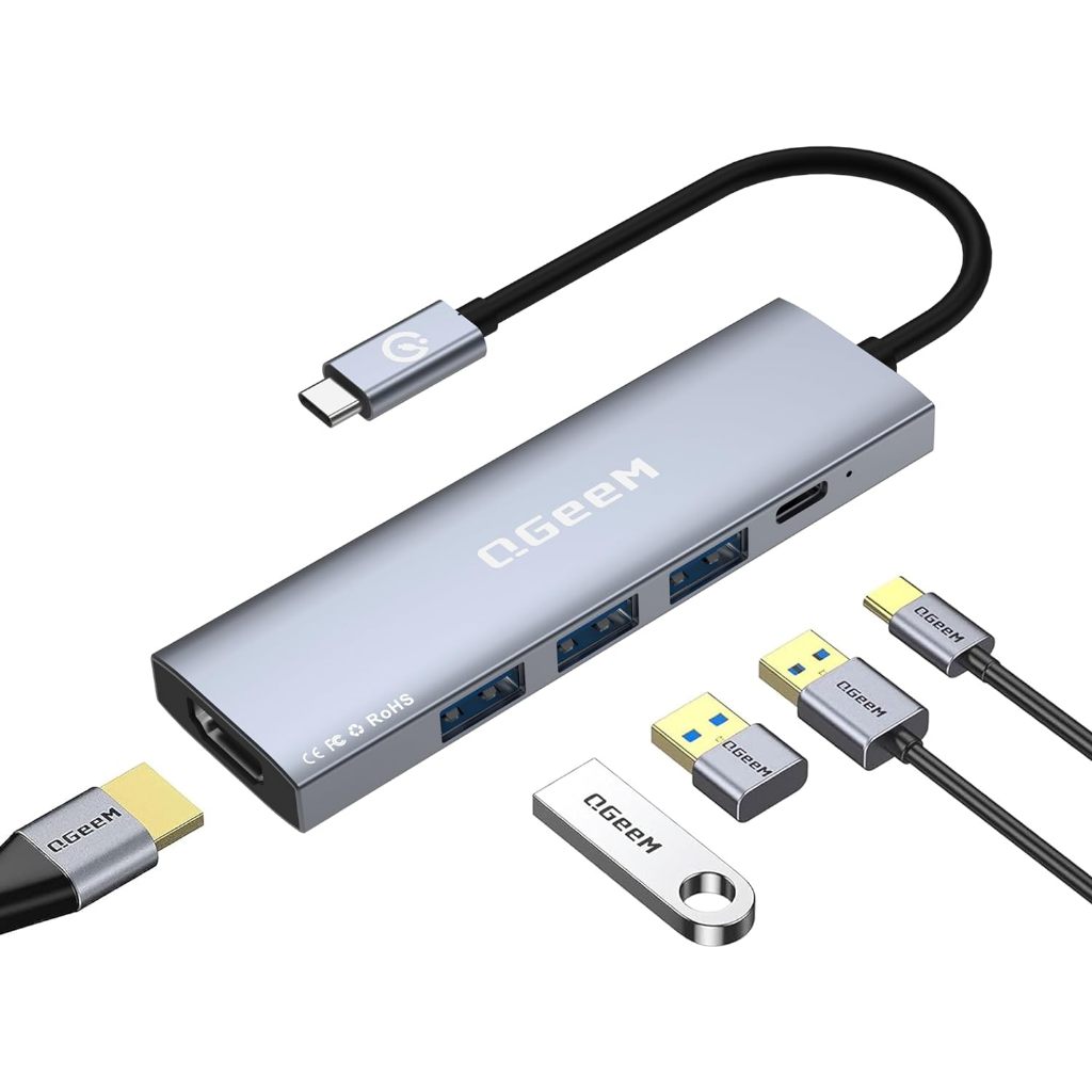 QGeeM 5 in 1 USB C Hub 4K HDMI, 100W Power Delivery, 3 พอร์ตข้อมูล USB-A, USB C Dongle สําหรับ MacBo