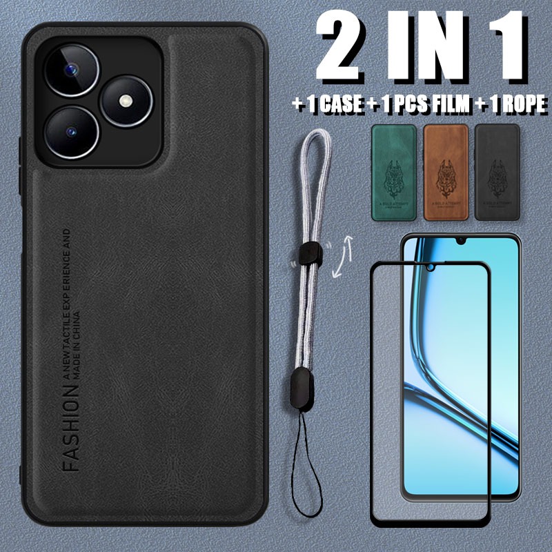 เคสหนังนุ่มหรูหรา 2 IN 1 สําหรับ Realme Note 50 4G/RMX3834 พร้อมฟิล์มเซรามิกและเชือกเส้นเล็กโทรศัพท์แบบปรับได้
