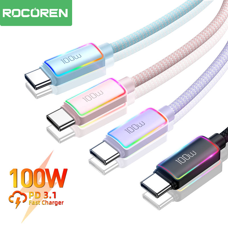 Rocoren 100W 1M/2M Rainbow Breathing Light 5A C TO C Fast Charging Data Cable สําหรับ Iph 15 Series