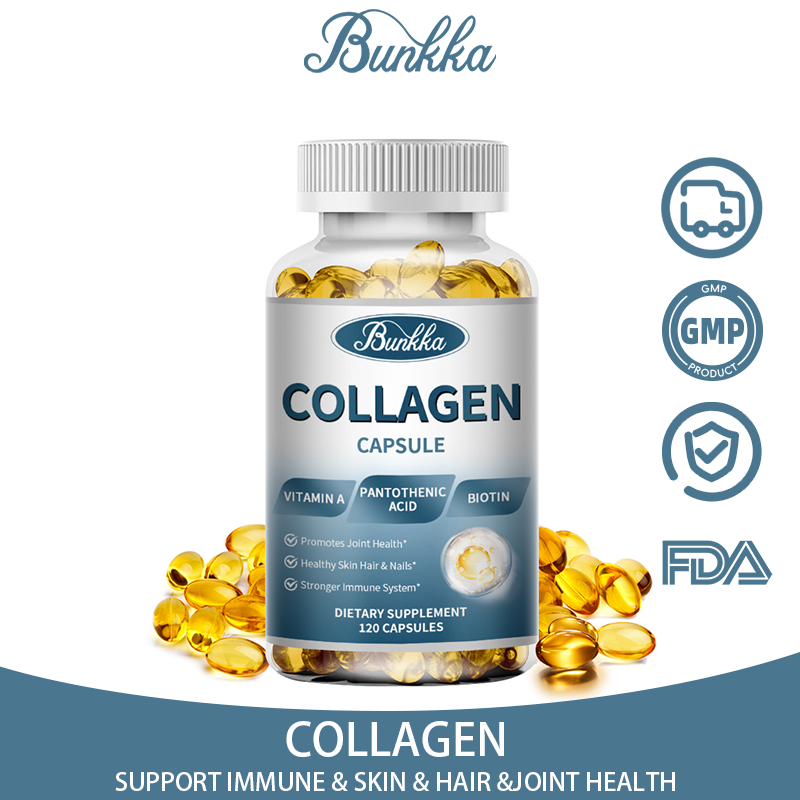 Bunkka Collagen คอลลาเจนแคปซูล พร้อมวิตามิน คอลลาเจนเรืองแสง สนับสนุนการต่อต้านริ้วรอย ข้อต่อ และกระดูกผม เพื่อสุขภาพ