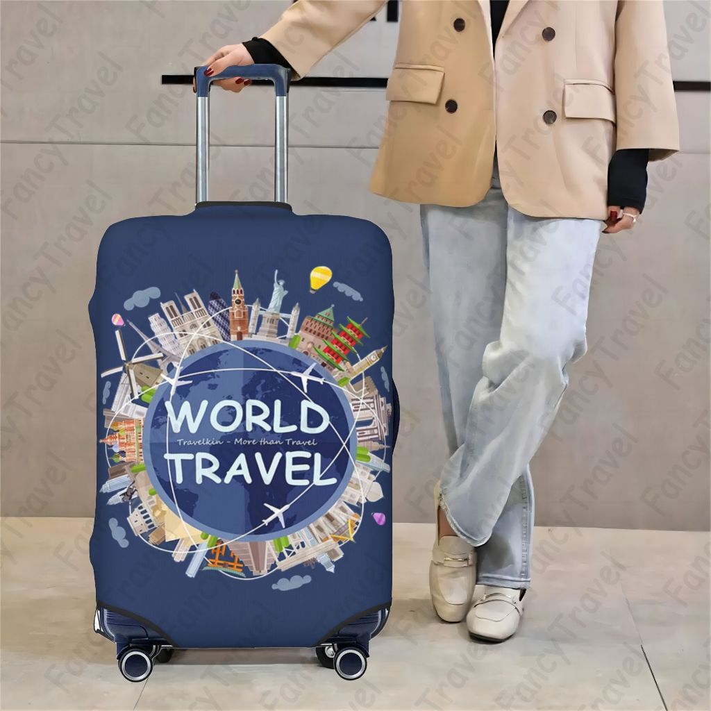 Fancytravel Travel The World ผ้าคลุมกระเป๋าเดินทาง กระเป๋าเดินทาง ผ้ายึดได้เยอะ กันฝุ่น กันรอย สวมใส่ได้ ข้น 18/20/22/24/26/28/32นิ้ว