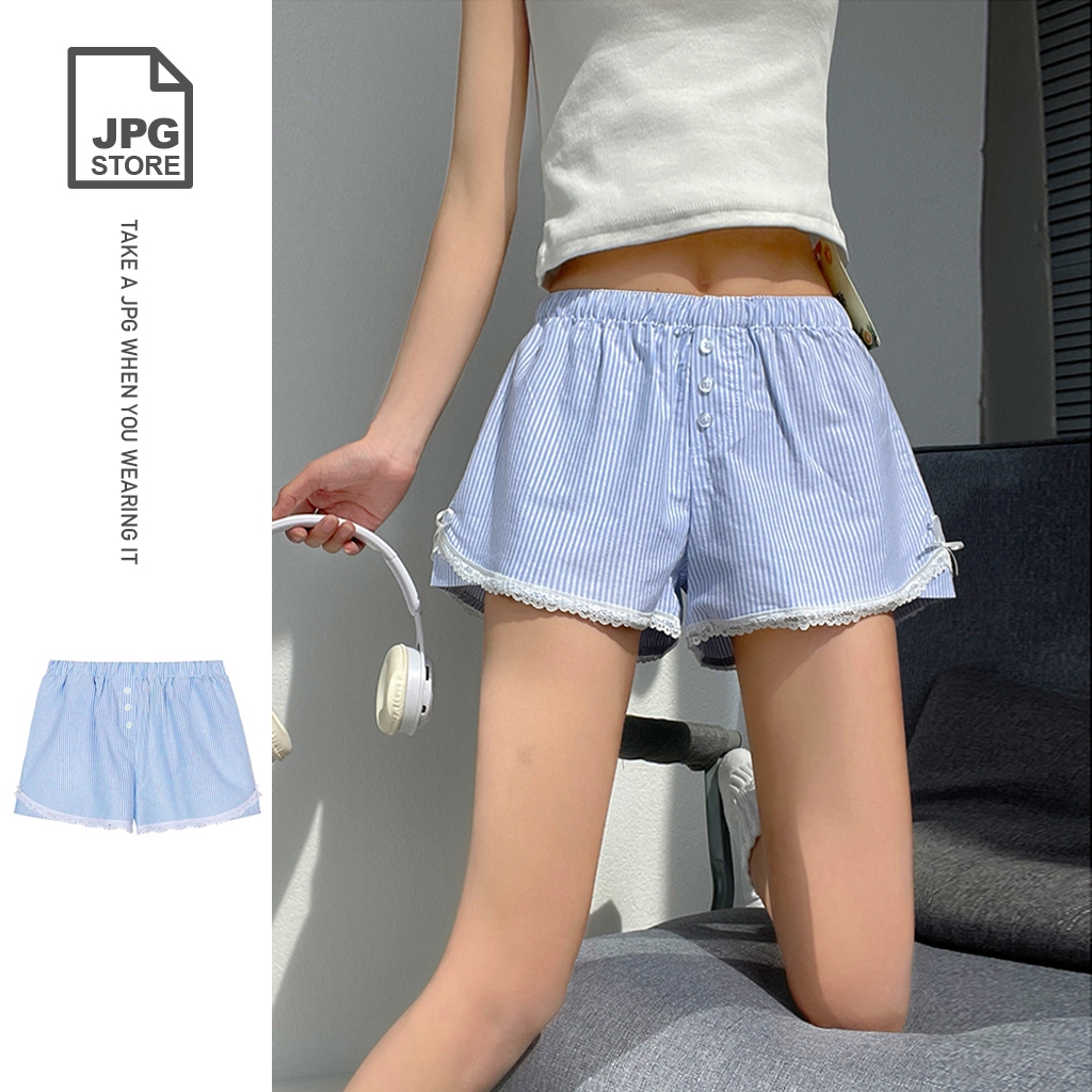 JPG STORE กางเกงบ็อกเซอร์ขาสั้น ลูกไม้ ลายทาง สีฟ้า สีขาว สําหรับผู้หญิง