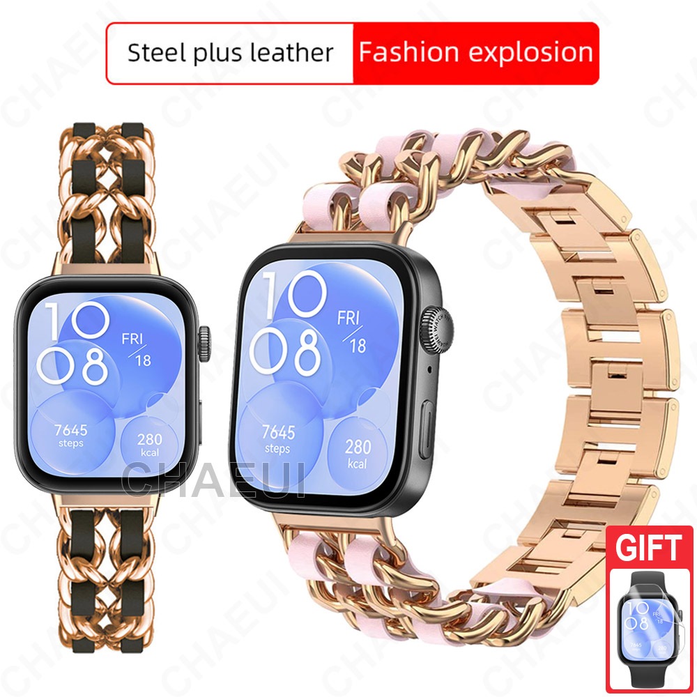สร้อยข้อมือสายสแตนเลสอุปกรณ์เสริมสายหนังสําหรับ Huawei Watch Fit 5 4 Pro 3 2 / Huawei Watch Fit Special Edition