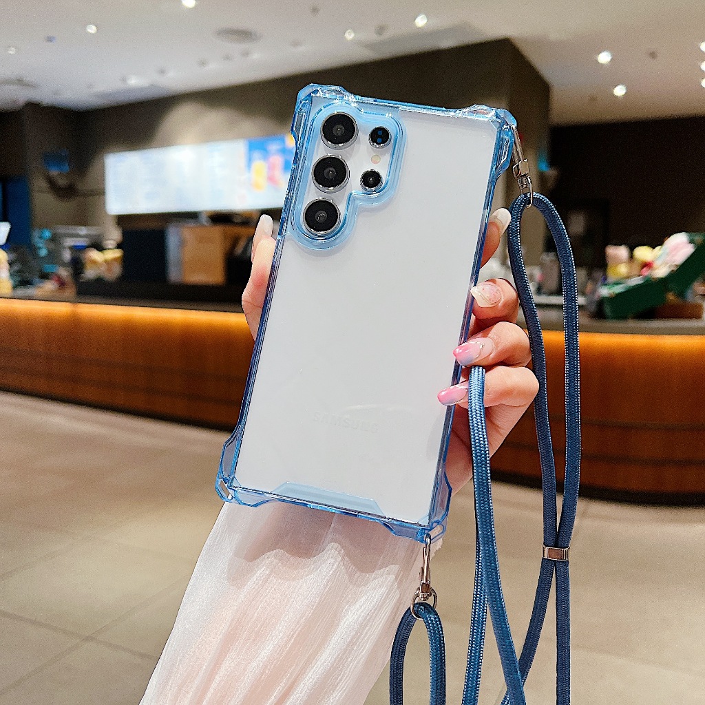 ความโปร่งใส เชือกยาว เคส Samsung Galaxy S24 Ultra S24 Plus S24 S23 Ultra S23 Plus S23FE S22Ultra S21FE S20FE A14 A15 A33 A34 A35 A52 A52S A53 A54 A55 A32 5G Case เคสโทรศัพท์ใหม่ แผ่นหลังอะคริลิค ขอบซิลิโคนอ่อนขอบป้องกันการตก เคสมือถือซัมซุง