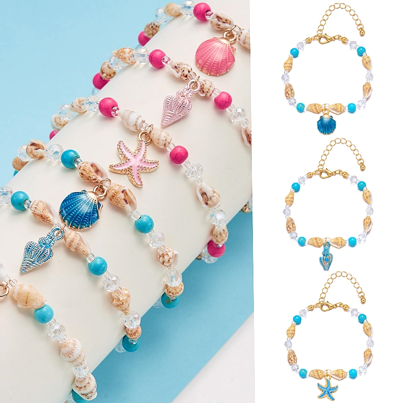 Handmade Shell สร ้ อยข ้ อมือชายหาดปลาดาว Conch สร ้ อยข ้ อมือผู ้ หญิงแฟชั ่ นเครื ่ องประดับวันหยุดของขวัญสีฟ ้ าลูกปัดสีชมพู