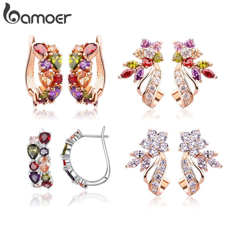 Bamoer JIE019 ต่างหู รูปดอกไม้ ประดับคริสตัล สีโรสโกลด์ เครื่องประดับแฟชั่น สําหรับผู้หญิง