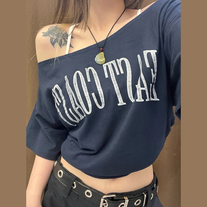 แปลก Puss Casual Relax เสื้อยืด Off Sleeves Letter อเนกประสงค์ฤดูร้อน Street บรรยากาศสไตล์แฟชั่นการออกแบบอาวุโส 2024 ร้อนใหม่
