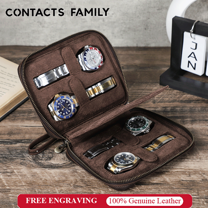 CONTACTS FAMILY Vintage Crazy Horse กล่องนาฬิกาป้องกันการล่มสลายและกันฝุ่นแบบพกพาพร้อมโลโก้ส่วนบุคคล