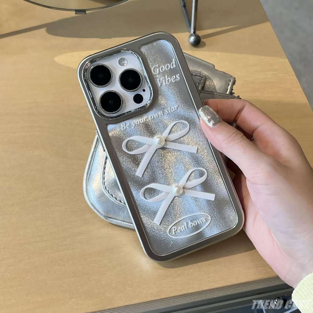 เกาหลี 3D Pearl Bow เลเซอร ์ ชุบกรณีโทรศัพท ์ ใสสําหรับiPhone 15 14 13 12 Pro Maxกันกระแทกปกหลัง