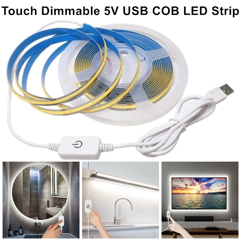 Usb 5V COB LED Strip Light พร้อม Touch Dimmer Night โคมไฟเทปริบบิ้นสําหรับภายใต้เคาน์เตอร์ตู้ครัวเตียงตกแต่งห้อง (9 สีสําหรับเลือก)