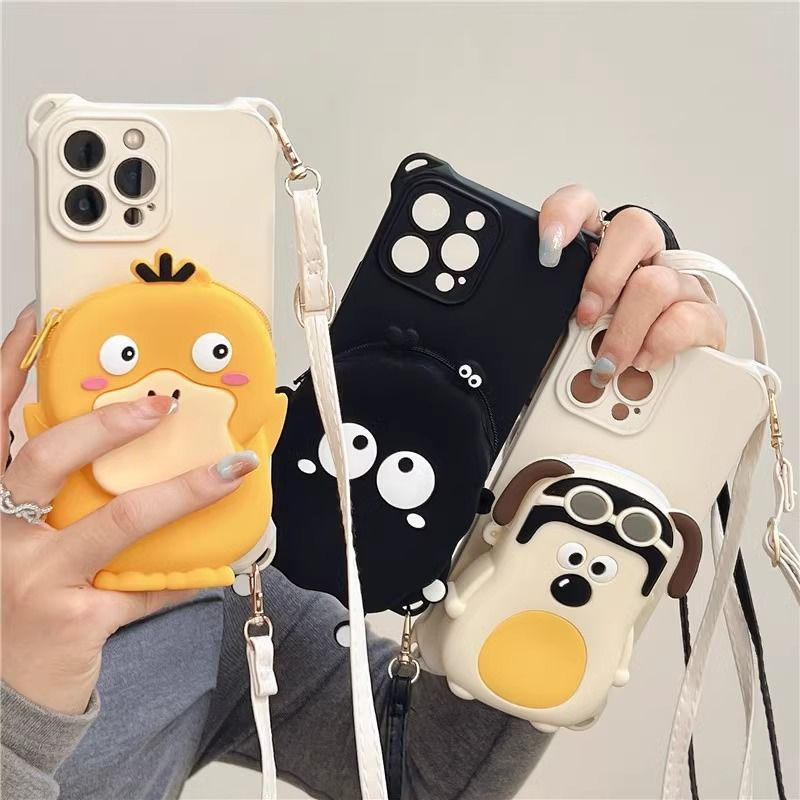 น่ารัก 3D ถ่านหิน ball กระเป๋าสตางค์ลิปสติกกระเป๋า Crossbody คอเชือกซิลิโคนสําหรับ iPhone 15Pro Max 11 12 13 14 Xs Xr XSMAX การ์ตูนปก