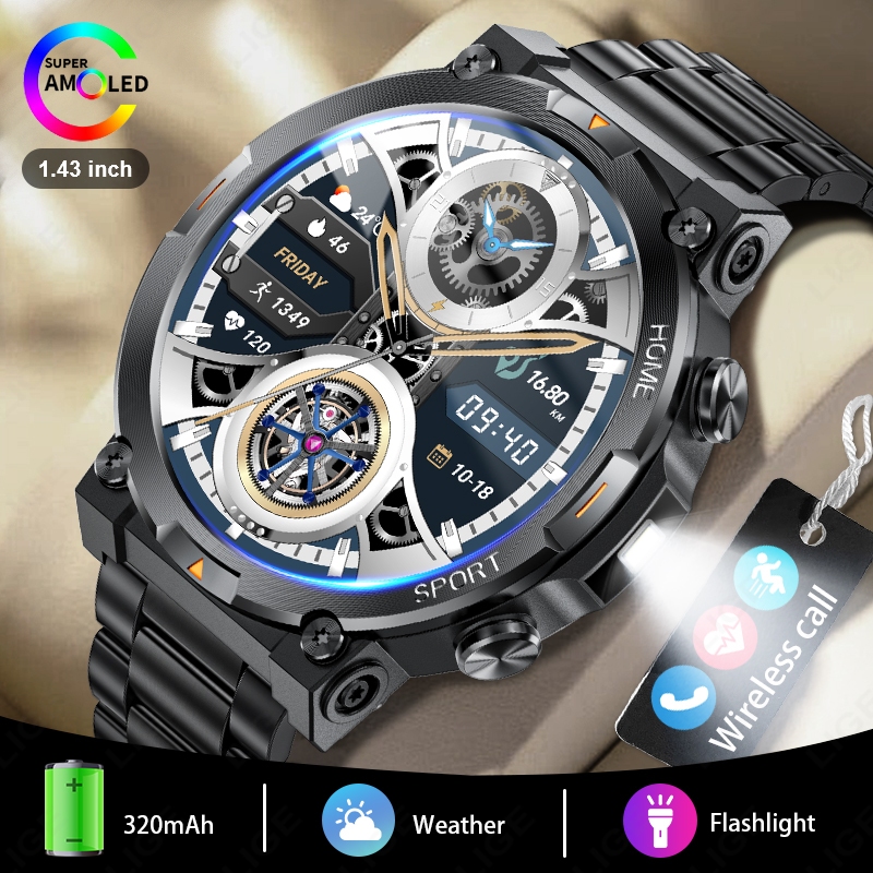 Lige AMOLED สมาร์ทวอท์ชผู้ชายไฟฉายบลูทูธโทร 1.43 นิ้ว Full Touch Health Monitor กันน้ํากีฬา Smartwatch สําหรับ Android และ iOS