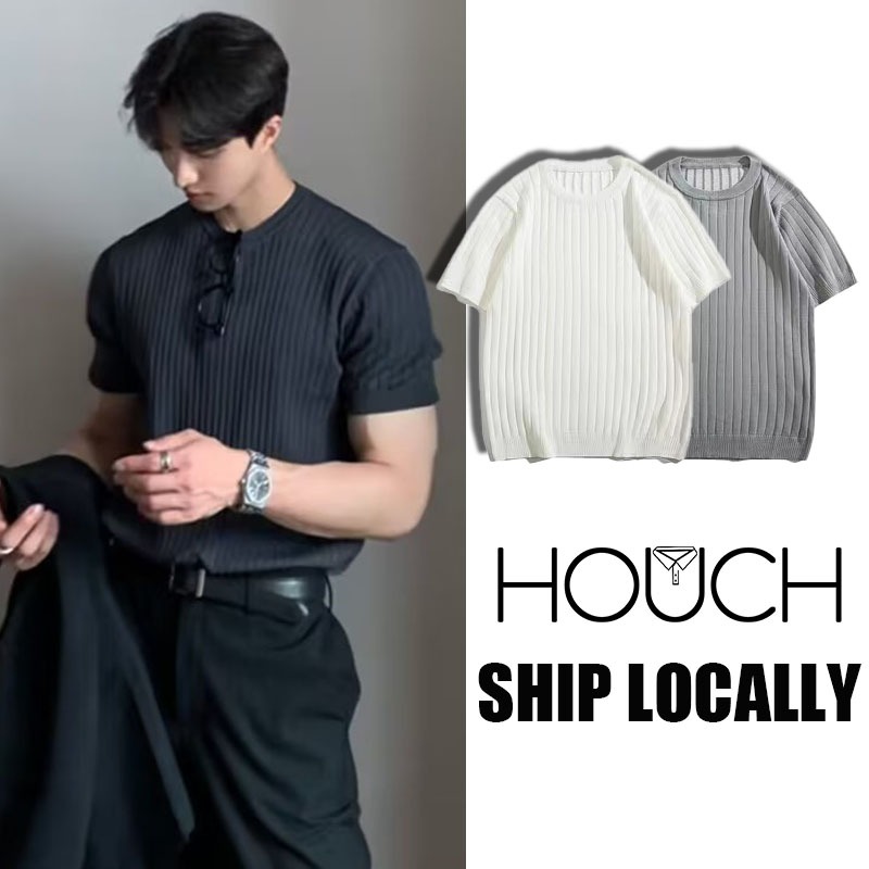 Houch พร้อมส่ง COD เสื้อยืดเกาหลีผู้ชาย แขนสั้น คอกลม เสื้อยืดลำลอง ลายขวาง สีพื้น ใส่สบาย ไม่ร้อน แฟชั่นฤดูร้อน พร้อมส่ง