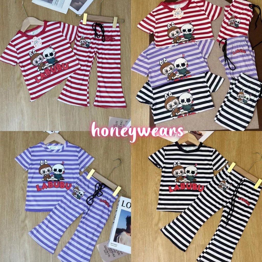 honeywears⚡️พร้อมส่ง⚡️ชุดเซ็ทเด็ก ชุดลายทางลาบูบู้น่ารัก เสื้อแขนสั้นกางเกงขายาว ขากว้าง แฟชั่น ฤดูร้อน ไซส์ 110-150