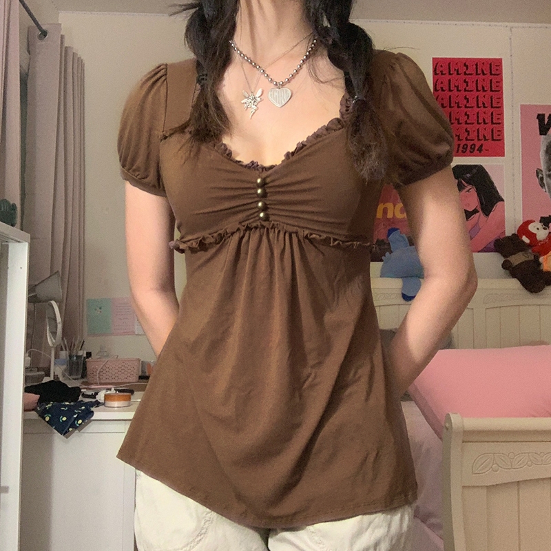 Hibiscus- เสื้อยืดแขนสั้น คอวี ประดับลูกปัด แฟชั่นฤดูร้อน เสื้อผ้าสาวอวบ