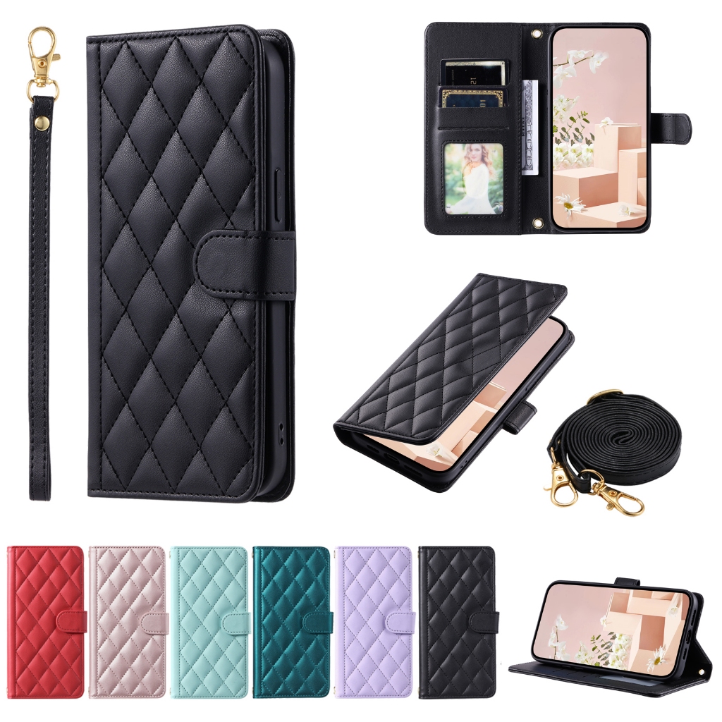 เคสไอโฟน case for iPhone 6 6s 7 8 Plus 11 Pro Max 12 13 Mini X XR XS Max SE 2 3 2020 2022 7+ 8+ 6+ 6s+ SE2 SE3 เคสโทรศัพท์มือถือหนังPUนิ่มฝาพับพร้อมช่องใส่บัตร และขาตั้งหรูหรา Flip Cover Leather Wallet Crossbody Belt Sling Strap Lanyard ซองมือถือ ฝาพับหนั