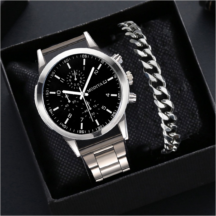 [นาฬิกา + สร้อยข้อมือ] ผู้ชายแฟชั่นที่เรียบง่ายเงินโซ่รอบหน้าปัดควอตซ์นาฬิกาผู้ชายนาฬิกาสร้อยข้อมือตั้งไม่มีกล่อง
