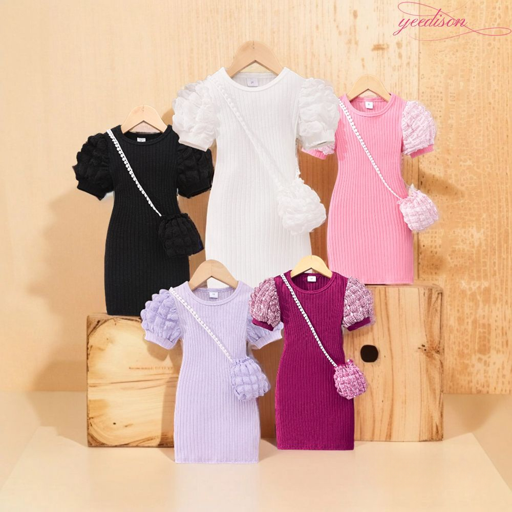 【ฟรีกระเป๋า】สาวน้อย กระโปรง ฤดูร้อน สไตล์เกาหลี เดรสเด็กผู้หญิง เส้นด้ายเด็กผู้หญิง 3 -8 ปี