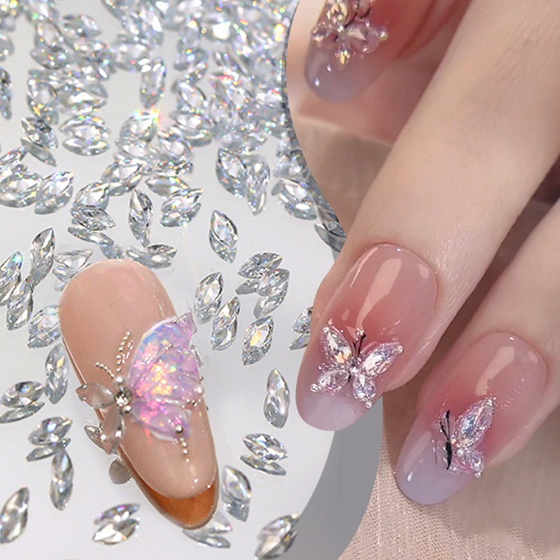 Sparkle Aurora Ice เล็บโปร่งใส Rhinestone ทําคริสตัลผีเสื้อ Wing Nail Charm อุปกรณ์เสริมเครื่องประดับตกแต่ง 50 ชิ้น