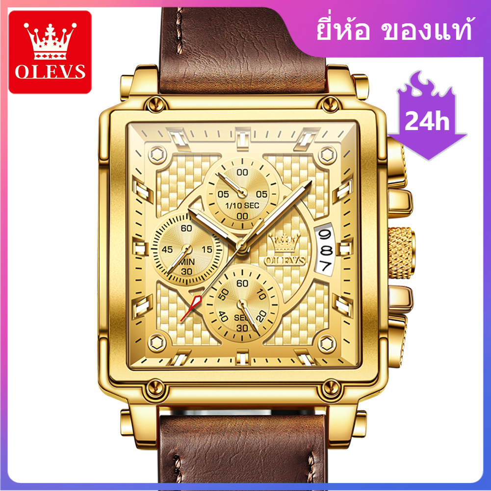 Olevs 9925 พร้อมส่ง นาฬิกาข้อมือควอตซ์แฟชั่น สายหนังวัวแท้ ทรงสี่เหลี่ยม กันน้ํา เรืองแสง 30 ม. พร้อมกล่อง อเนกประสงค์ สําหรับผู้ชาย