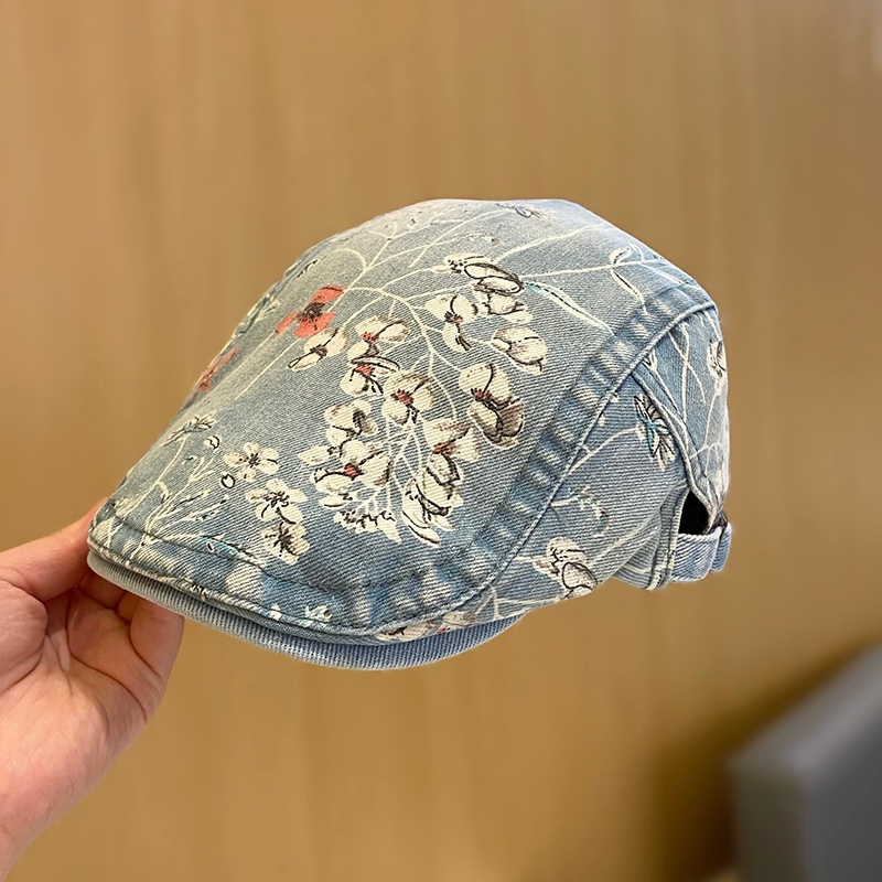หมวกผู้หญิงฤดูใบไม้ผลิฤดูใบไม้ร่วงสไตล์ใหม่พิมพ์ Denim Peaked หมวกแฟชั่น Street All-Match หมวกไปข้างหน้าสไตล์ชาติพันธุ์กลับสวม Beret