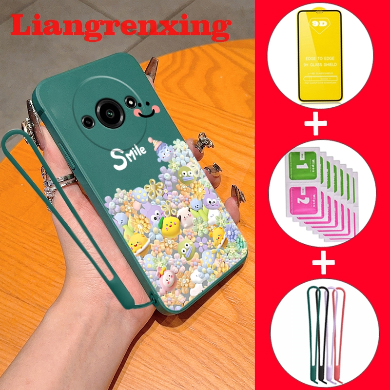 FREE กระจกนิรภัยปลอก xiaomi redmi a3 2024 เคสโทรศัพท์ 4g Softcase ซิลิโคนเหลว Protector Smooth กันกระแทกฝาครอบกันชนดีไซน์ใหม่การ์ตูนดอกไม้ YTMMOHD01