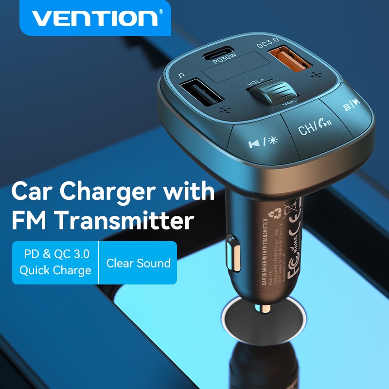 Vention Car Charger เครื่องเล่นเพลงบลูทูธ V5.0 เครื่องส่งสัญญาณ FM วิทยุไร้สาย Modulator พร้อมแฮนด์ฟ