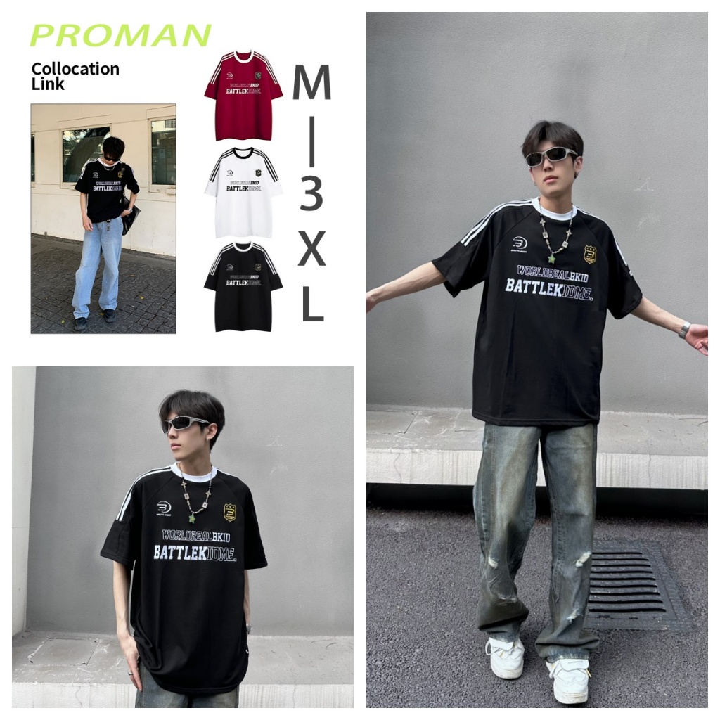 ⚡️Proman⚡️ [ 16 สี COD ]เสื้อยืดแขนสั้นสไตล์ คอกลม High Street สไตล์อเมริกัน เสื้อคู่ลำลองทรงหลวมพิมพ์ลายย้อนยุค M-3XL