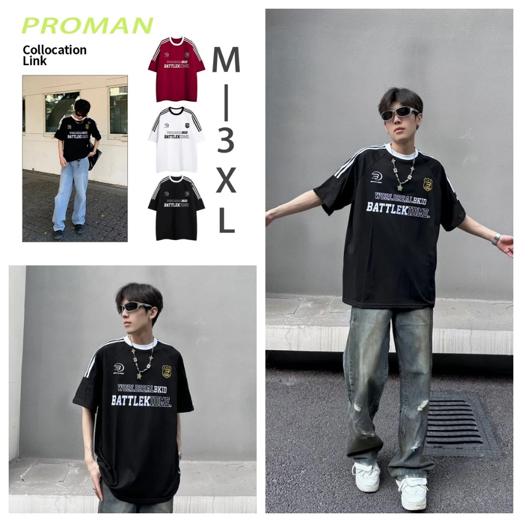 ⚡️Proman⚡️ [ 16 สี COD ]เสื้อยืดแขนสั้นสไตล์ คอกลม High Street สไตล์อเมริกัน เสื้อคู่ลำลองทรงหลวมพิมพ์ลายย้อนยุค M-3XL