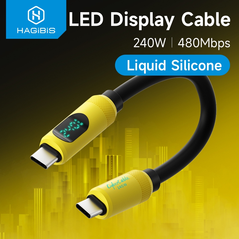 Hagibis สาย USB C แบบสั้นพร้อมจอแสดงผล LED 0.25 M ประเภท C Fast Charger สาย PD 240W สายชาร์จสําหรับ iPhone 16/15 Pro Macbook พิกเซล