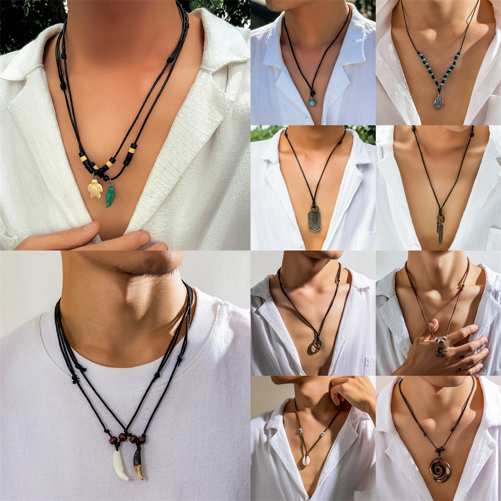 สร้อยคอผู้ชาย วินเทจ สีฟ้า ฟันหมาป่า ลูกปัดกลม จี้เซิร์ฟ ปรับได้
