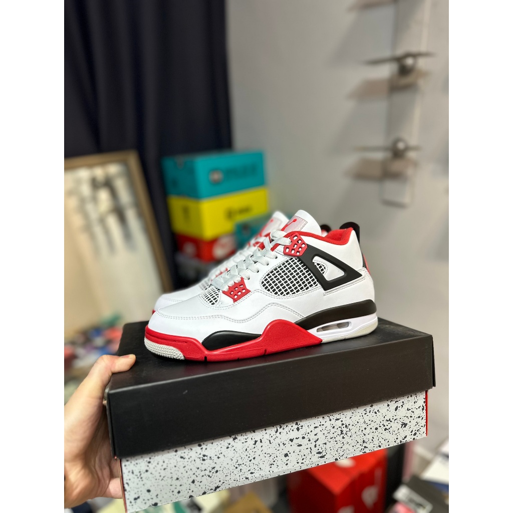 Air A/J AJ4 Retro "Fire Red" Fire Red 7770-160 สีขาวสีแดงผู้ชายผู้หญิงรองเท้าสบายๆรองเท้าคู่รองเท้า