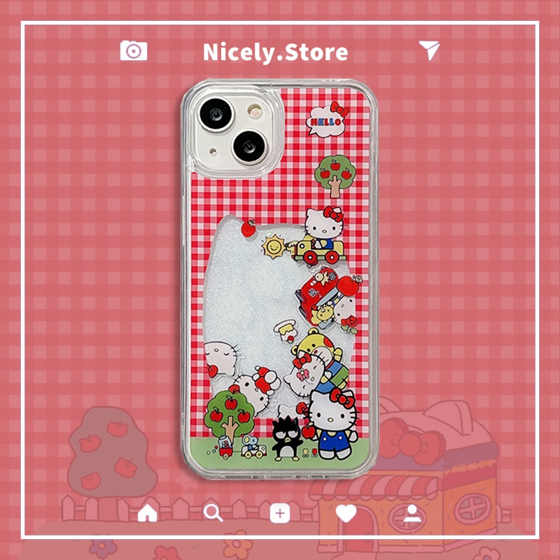 น่ารักสีแดงลายตารางหมากรุกลาย Hello Kitty Quicksand เคสโทรศัพท์สําหรับ iPhone 16 15 14 Plus 13 12 Pro Max 11 11Promax Shock Proof อะคริลิคมือถือปลอก