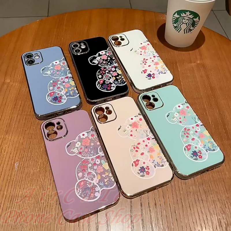 เคส for Xiaomi Redmi Note 13 12 11 11S 10 10S 9 9S 8 7 Pro Pro+ Plus 4G 5G MI 13T 12T 11T Pro Note13 Note12 Note11 Note10 Note9 Note8 Note7 Plating Protect Camera Bear Flowers Soft Case