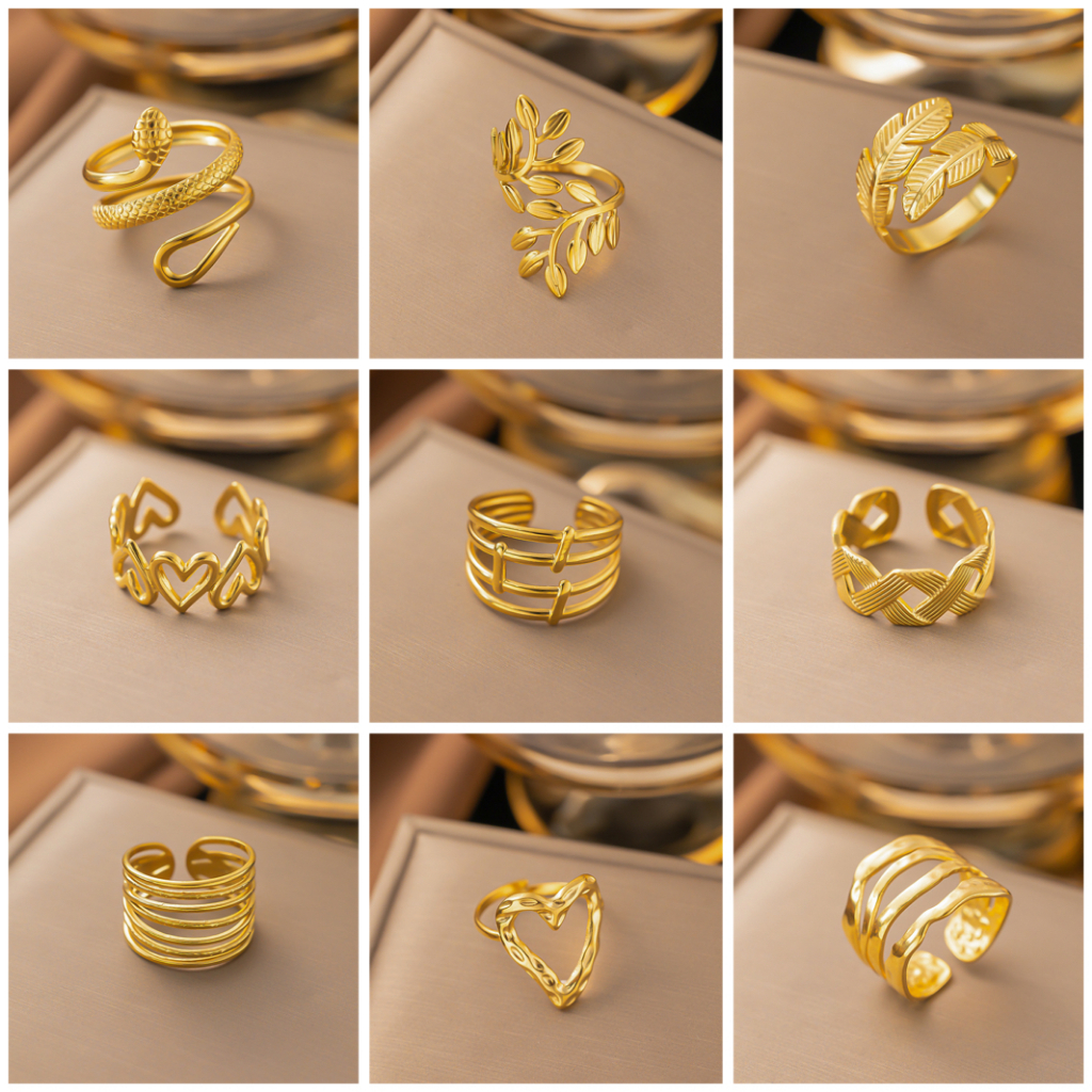 สแตนเลสสตีลแหวนไทเทเนียมเหล ็ กผู ้ หญิง Hip Hop ยอดนิยม 18K Gold Plated เปิดปรับ Colorfast แหวน
