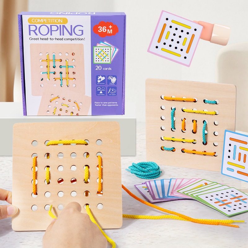 Montessori กระดานเชือกไม้ Manipulator วัสดุ Array Block – ของเล่นเพื่อการศึกษากราฟิกพร้อมการ์ด 20 ชิ้นและเชือก 6 ชิ้น