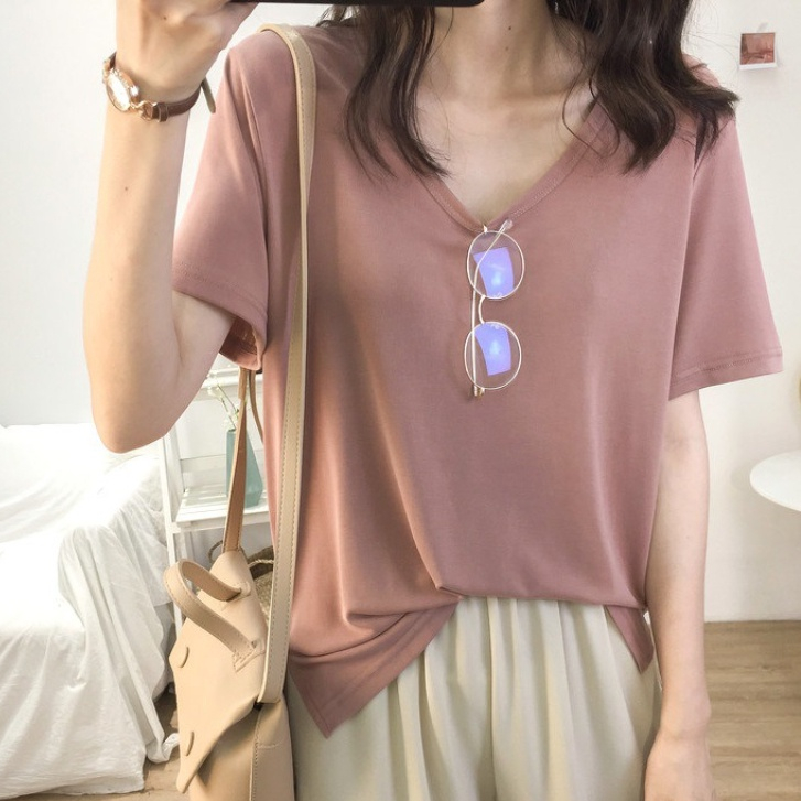 ใหม่ เสื้อยืด คอวี แขนสั้น ทรงหลวม เข้ารูป สําหรับผู้หญิง、เนื้อผ้านุ่มสบาย【9915】