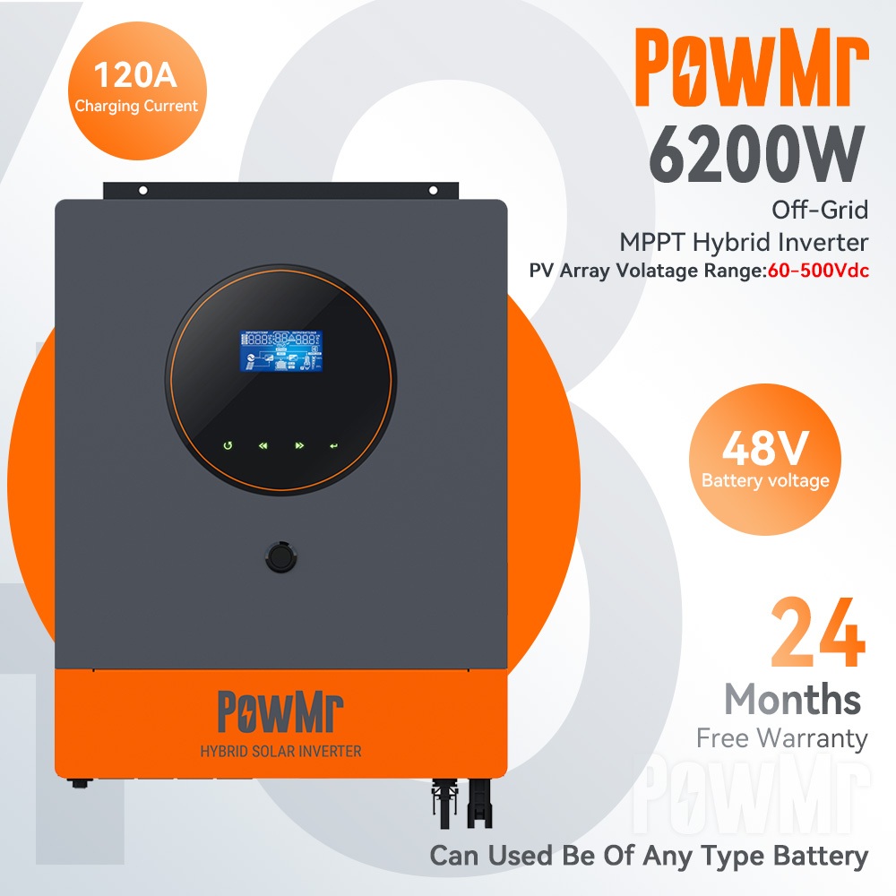 PowMr 6.2KW Off-Grid Hybrid Solar Inverter 48V MPPT Solar Charger Controller 500VDC Hybrid Inverter สนับสนุน Lifepo4 แบตเตอรี ่