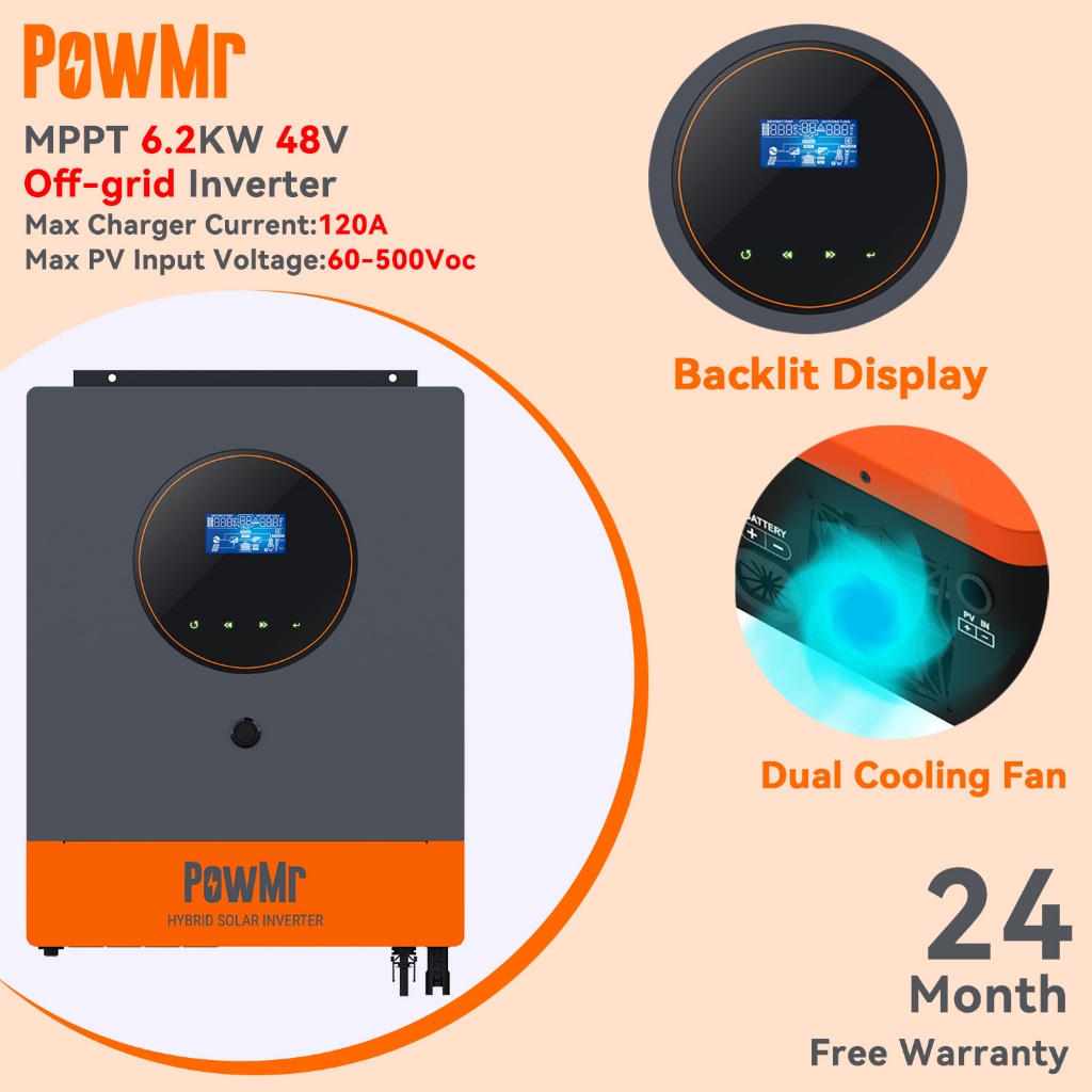 Powmr 6.2KW Off-Grid Hybrid Solar Inverter 48V MPPT Solar Charger Controller 500VDC Hybrid Inverter สนับสนุน Lifepo4 แบตเตอรี ่