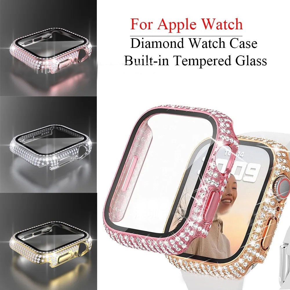 พร้อมสต็อก Apple Watch Full Diamond Watch Case iwtach S9 8 7 6 SE Tempered Integrated Protective Cas