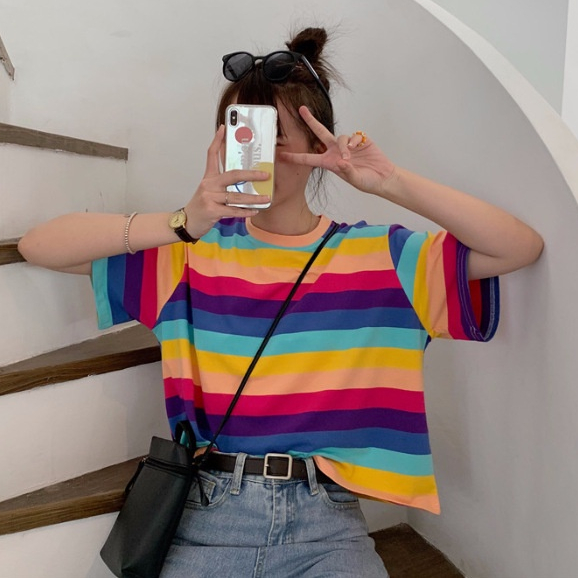 ใหม่ เสื้อยืดแขนสั้น ลายทาง สีรุ้ง ทรงหลวม สไตล์เกาหลี สําหรับผู้หญิง【351】