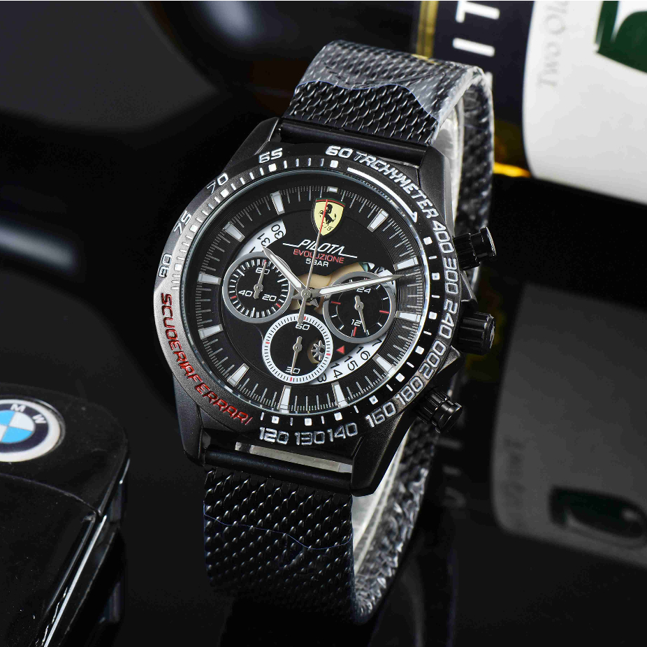 Ferrari Men Quartz Watch Working Chrono Casual Sports Watch Stainless Steel 6-Hand Running Second ys
