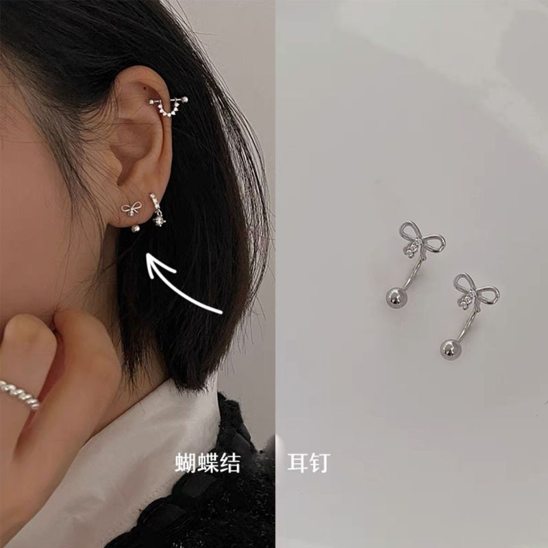 Jojo COCO ต่างหูเข็มเงิน 925 ประดับโบว์ ขนาดเล็ก เรียบง่าย