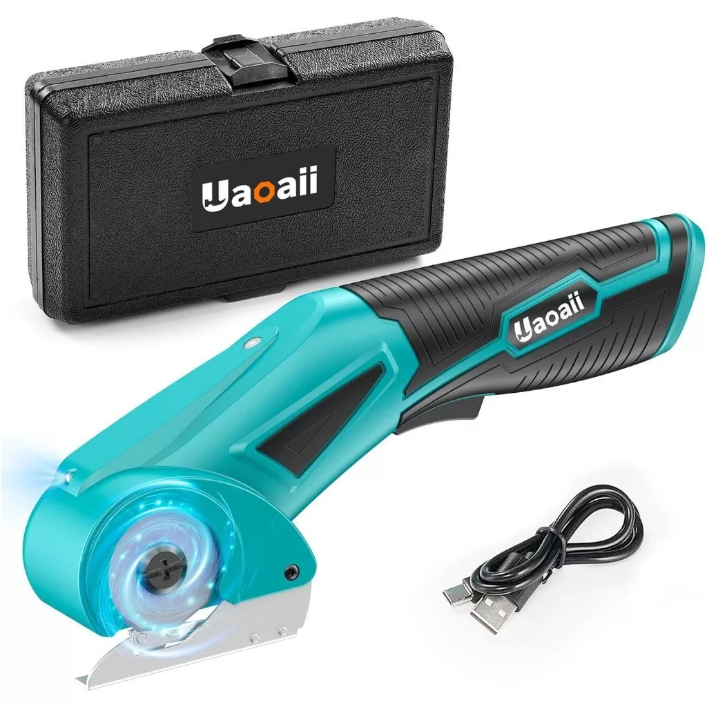 Uaoaii กรรไกรไฟฟ้าไร้สาย 4V เครื่องตัดกล่องกระดาษไฟฟ้า w/เคสเก็บของ, ล็อคนิรภัยและไฟ LED เครื่องตัดผ้าแบบชาร์จไฟได้เครื่องตัดโรตารี่สําหรับหนัง Felt