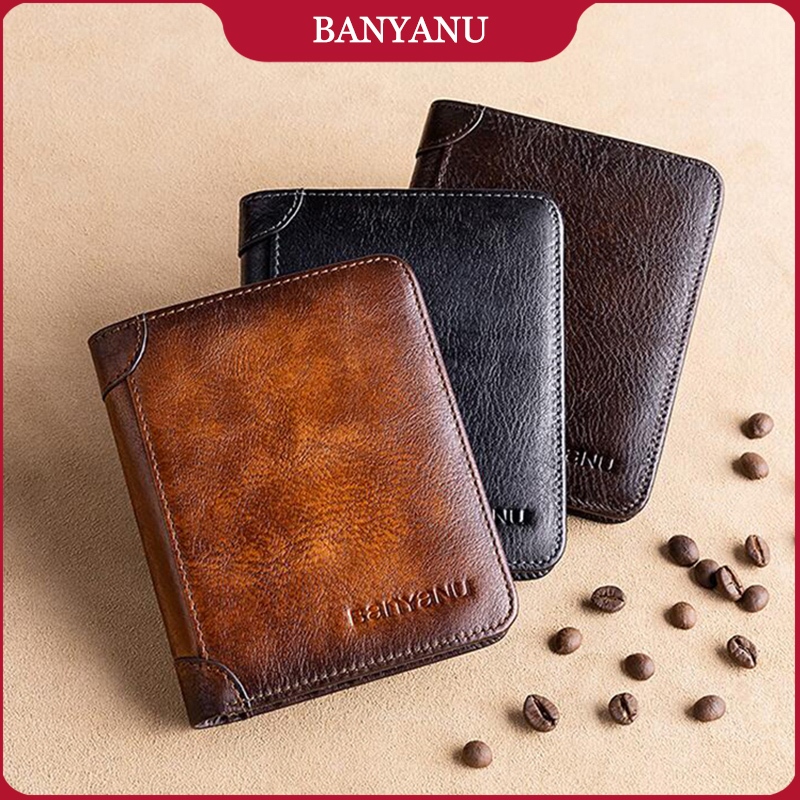BANYANU กระเป๋าสตางค์หนังแท้ 100% ของแท้เดินทางสั้นผู้ถือบัตร RFID กระเป๋าสตางค์ผู้ชายสีน้ำตาลดำ